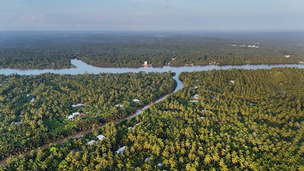 Beautiful aerial view of Mekong Delta countryside, coconut land with vast coconut, nipa palm jungle, riverside house and waterway transport good for Vietnam ecotourism at Ben Tre