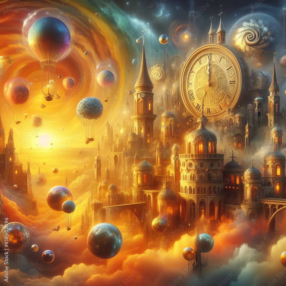 Poster a surreal fantasy cityscape with floating structures, ornate architecture, and a whimsical sky illus
