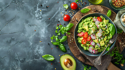 Bowl with delicious guacamole on wooden board
