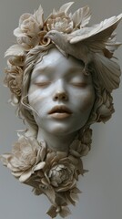 Sculpture of a woman with flowers on her head. Vertical background 