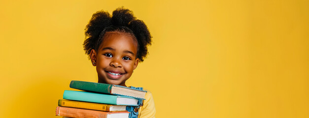 Little smiling Afro american girl holding a stack of books on a yellow background. Concept of education, reading, back to school, library