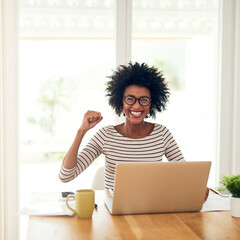 Portrait, celebration and black woman on laptop in home office for lottery win, success and remote...