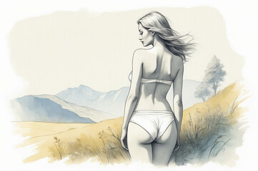 Drawing of a woman in a bikini standing in the grass against the background of mountains