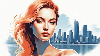 Portrait of a woman with red hair against a background of a city landscape