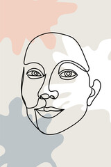 Card or poster with one single line drawing of female face and abstract shapes. Monochrome minimalist portrait. Modern trendy fashion sketch of woman head