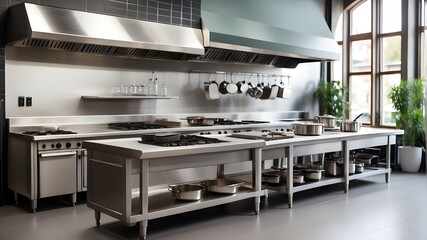 professional kitchen design for a cafe or restaurant. Table made of metal. Catering-grade kitchen appliances. cooking area.
