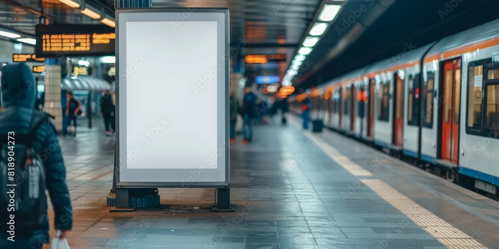 Wall mural empty white blank billboard in train station, mock up white blank billboard media advertising poster