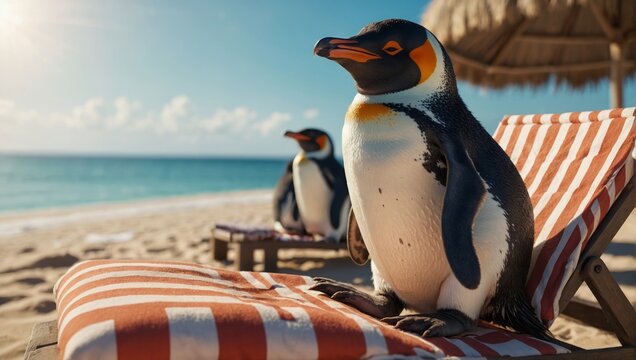 penguins on vacation, beach holiday concept