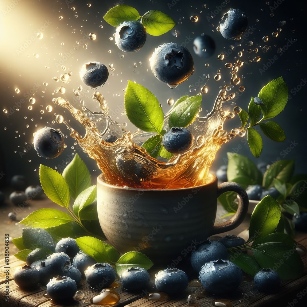 Poster fresh blueberries creating a splash in a teacup, surrounded by vibrant leaves on a rustic wooden sur