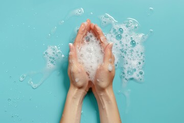Fototapeta premium Soap, girl or washing hands in studio on blue background for wellness or healthy skincare hydration. Healthcare mockup, body care zoom, lady washing with liquid for cleanliness or bacteria prevention.