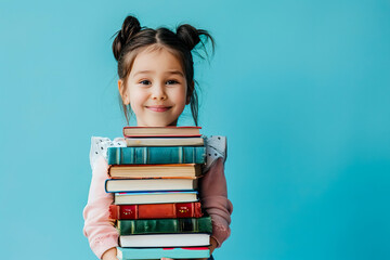 Little smiling girl holding stack of books on blue background. Concept of education, reading, back to school, library