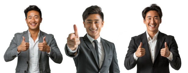 asian business man smile portrait and pointing finger isolated o