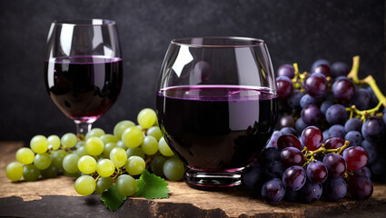On a wooden table are two full glasses and a clear jug of red wine, next to a bowl and a bunch of purple grapes with green leaves.