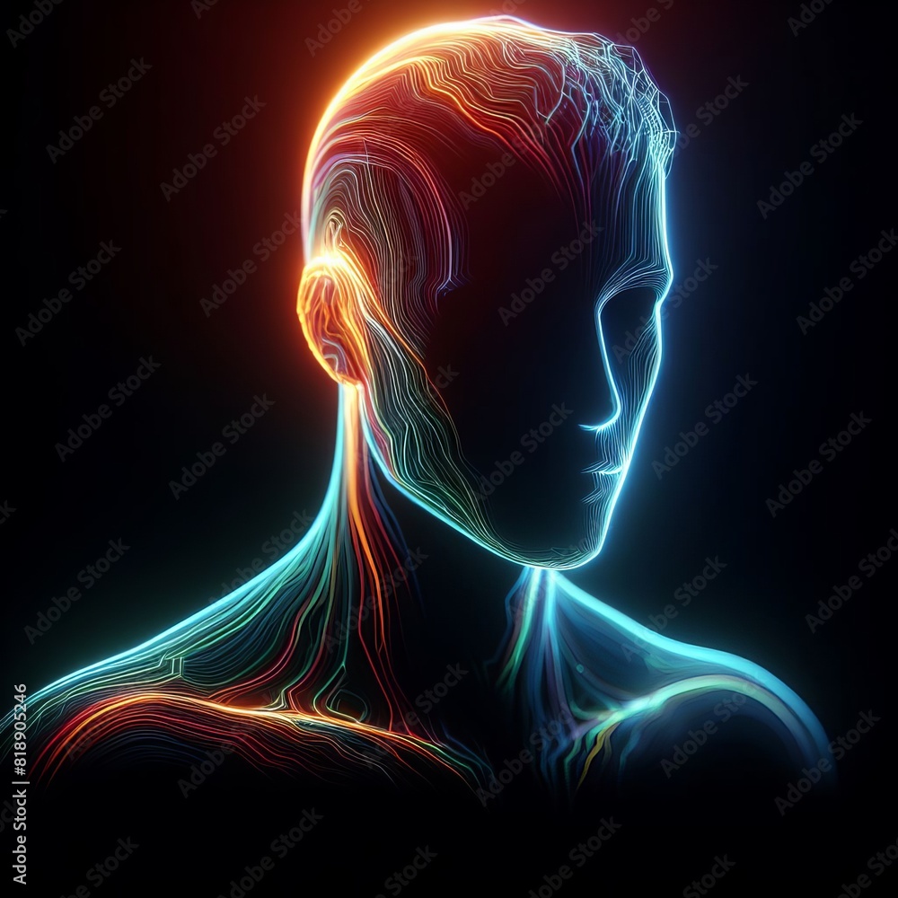 Poster a digital art piece displaying a profile view of a human figure with glowing neon outlines over a bl