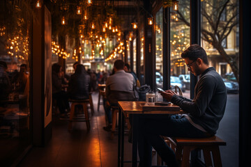 guy or men relax sitting in the cafe and using smartphone