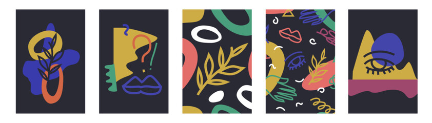 Set of minimalist posters with abstract rough shapes. Mid century modern card compositions bundle