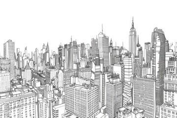 City skyline sketch featuring an array of urban buildings, high-rises, and architectural structures with detailed line art