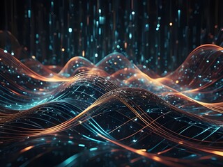 Abstract blue tech background with digital waves, dynamic network system, artificial neural connections, cyber quantum computing and electronic global intelligence 