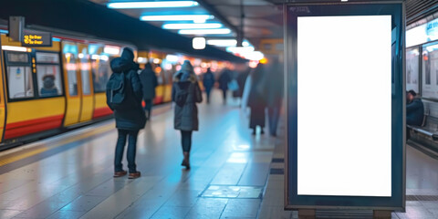 Fototapeta premium empty white blank billboard in train station, Mock up white blank Billboard Media Advertising Poster template at train Station city street