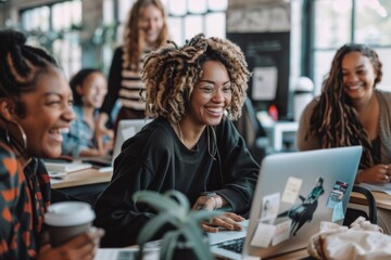 Business ladies, computer and team planning, collaboration, and cheerful marketing meeting presentation. Writing in notebooks or project teams, professionals, creative agencies, or groups on laptops