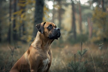 Boxer dog, carnivore breed, sitting among trees in forest, gazing up
