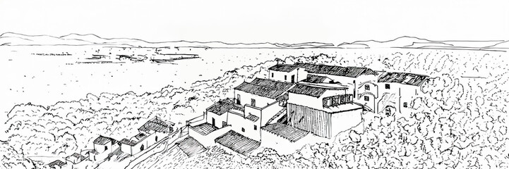 village line drawing monochrome black and white pen minimal sketch landscape