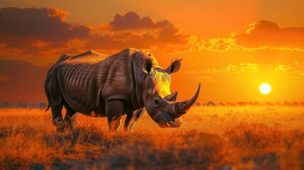 Fototapeta premium Close up image of a rhino in the African savanna during a safari at a beautiful sunset.