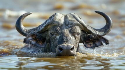 Close up image of an African buffalo swimming in the water during a safari tour