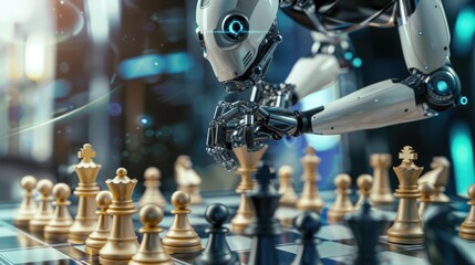 Close up of a futuristic robot playing chess. Artificial intelligence concept