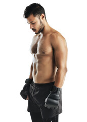 Man, boxing and MMA training for sports healthy person in white background for gym, exercise and thinking. Kickboxing, model with gloves and fitness for fight, athlete and thoughtful in studio