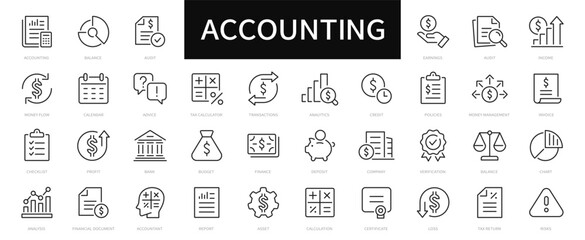 Accounting thin line icons set. Financial audit, invoice, taxes, business, report icon. Vector