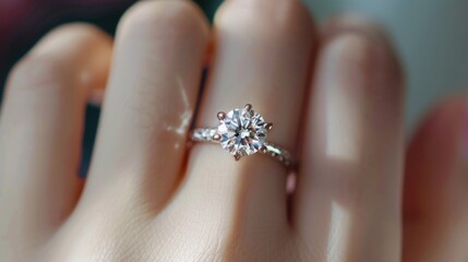 Close up of an elegant engagement diamond ring on woman finger. love and wedding concept