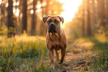 A Carnivore companion dog is strolling through the wood at sunset on a leash