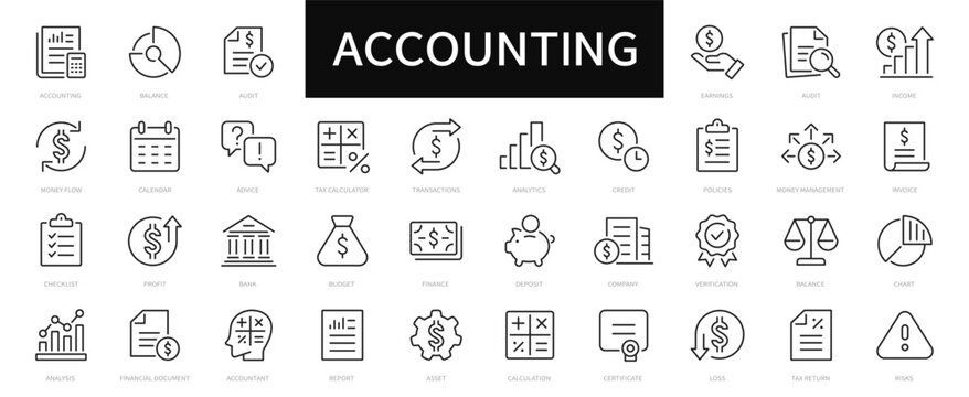 Accounting thin line icons set. Financial audit, invoice, taxes, business, report icon. Vector