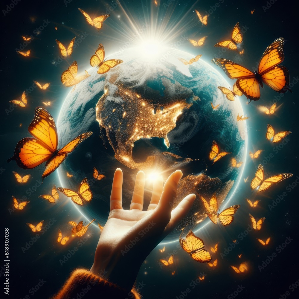 Poster an artistic rendition of glowing butterflies surrounding a bright earth held by a hand against a sta