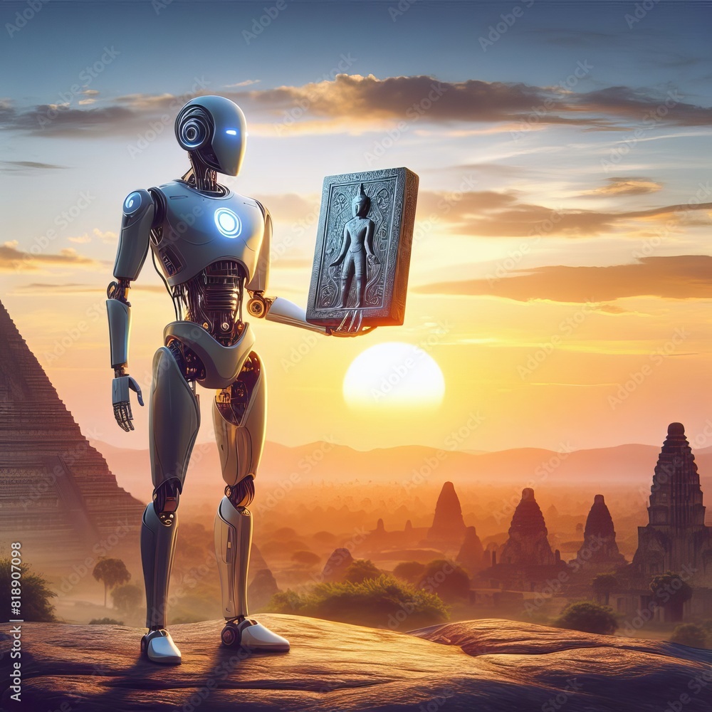 Poster a robot holds a book against an awe-inspiring sunrise backdrop, evoking a sense of exploration and k