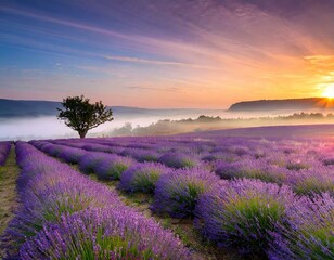 Fototapeta premium Lavender field at sunrise with mist and fog