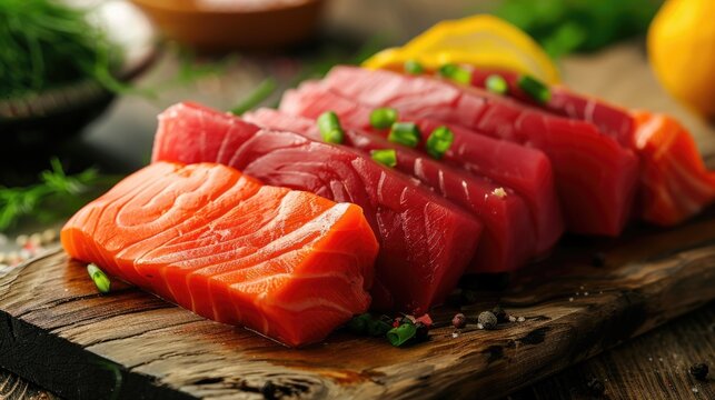  Close up of Fresh raw Madai fillet steak and sashimi on wooden board background, delicious food for dinner, healthy food, ingredients for cooking