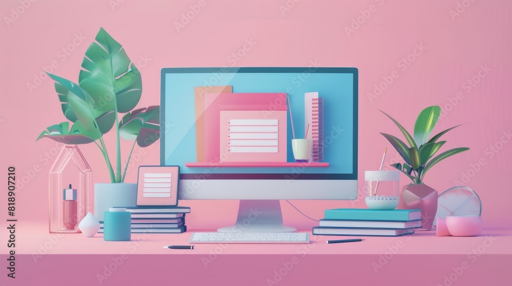 Poster a desktop computer placed on top of a desk, with a keyboard and mouse nearby. generative ai