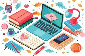 A laptop computer sits atop a stack of books, showcasing the blend of education and technology in the online learning environment. Generative AI
