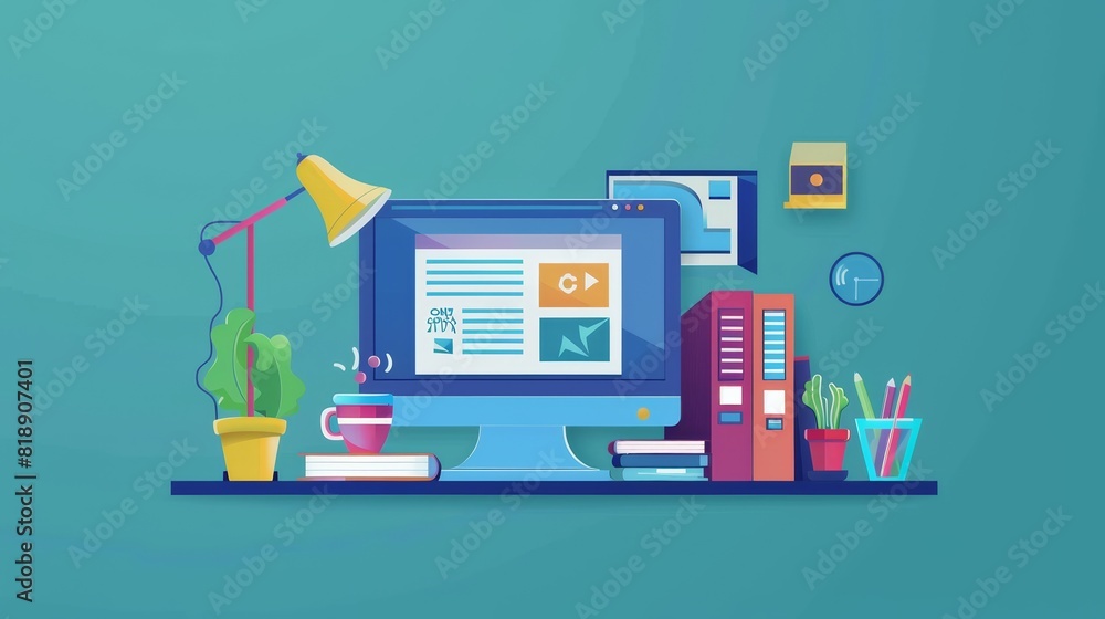 Poster a desktop computer is positioned on top of a desk, symbolizing edtech education and online learning 