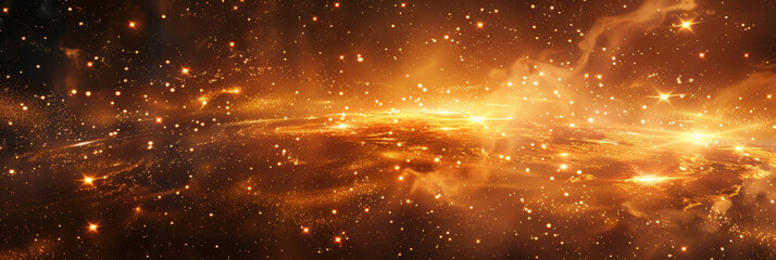 An explosion of golden light , Golden particles with ray on dark Background. Abstract golden background with starburst.