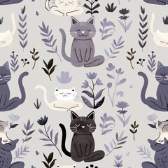 Cute cartoon cats in various poses with floral elements.