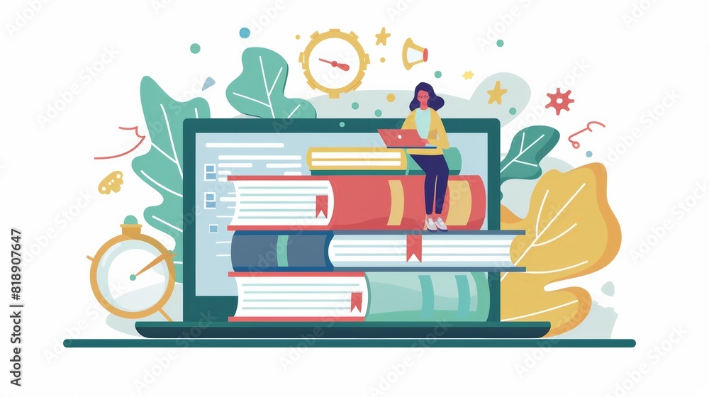 Poster a woman sitting on top of a stack of books placed on a laptop, symbolizing the concept of edtech edu