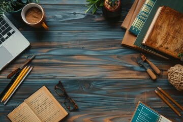 A desk cluttered with a laptop, books, papers, pens, and other miscellaneous items. Generative AI