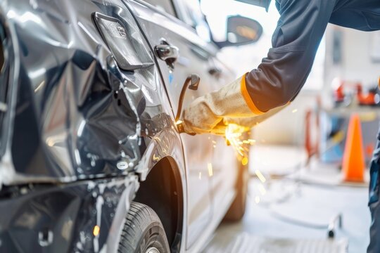 Modern car repair service with car body welding after accident on body repair stand