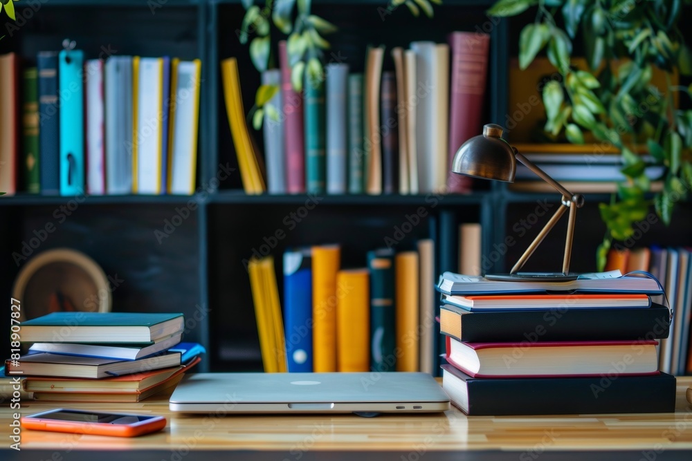 Poster a table topped with various books and a lamp placed on top of it. generative ai