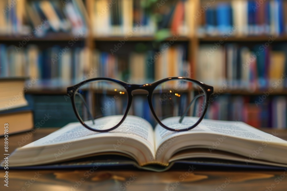 Aufkleber an open book with a pair of glasses resting on top of it. generative ai