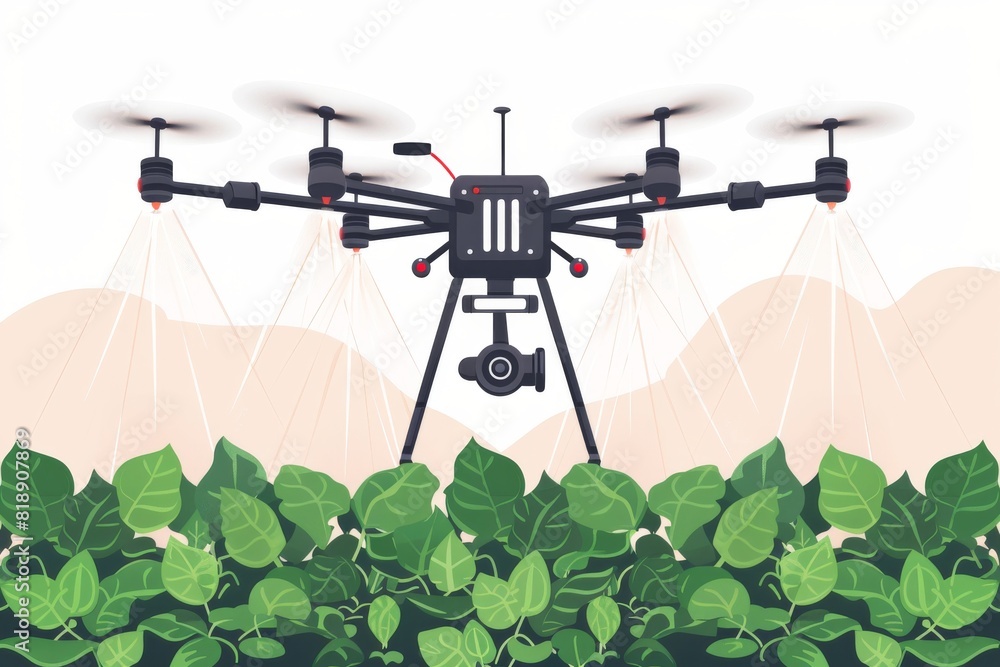 Poster efficient agricultural pest control with drone icons for vector illustrations of lush green crop fie