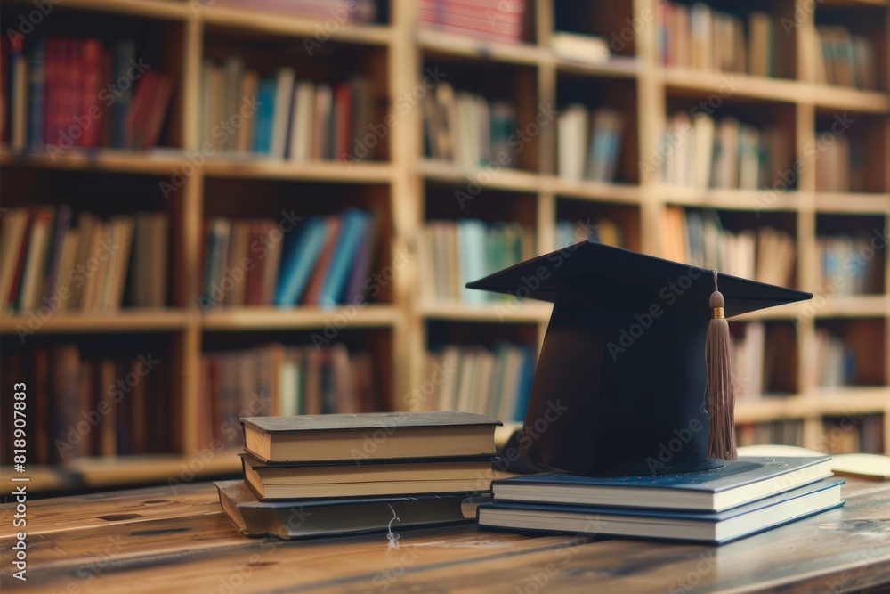 Leinwandbilder a graduation cap is placed atop a stack of books in a library setting, symbolizing academic achievem